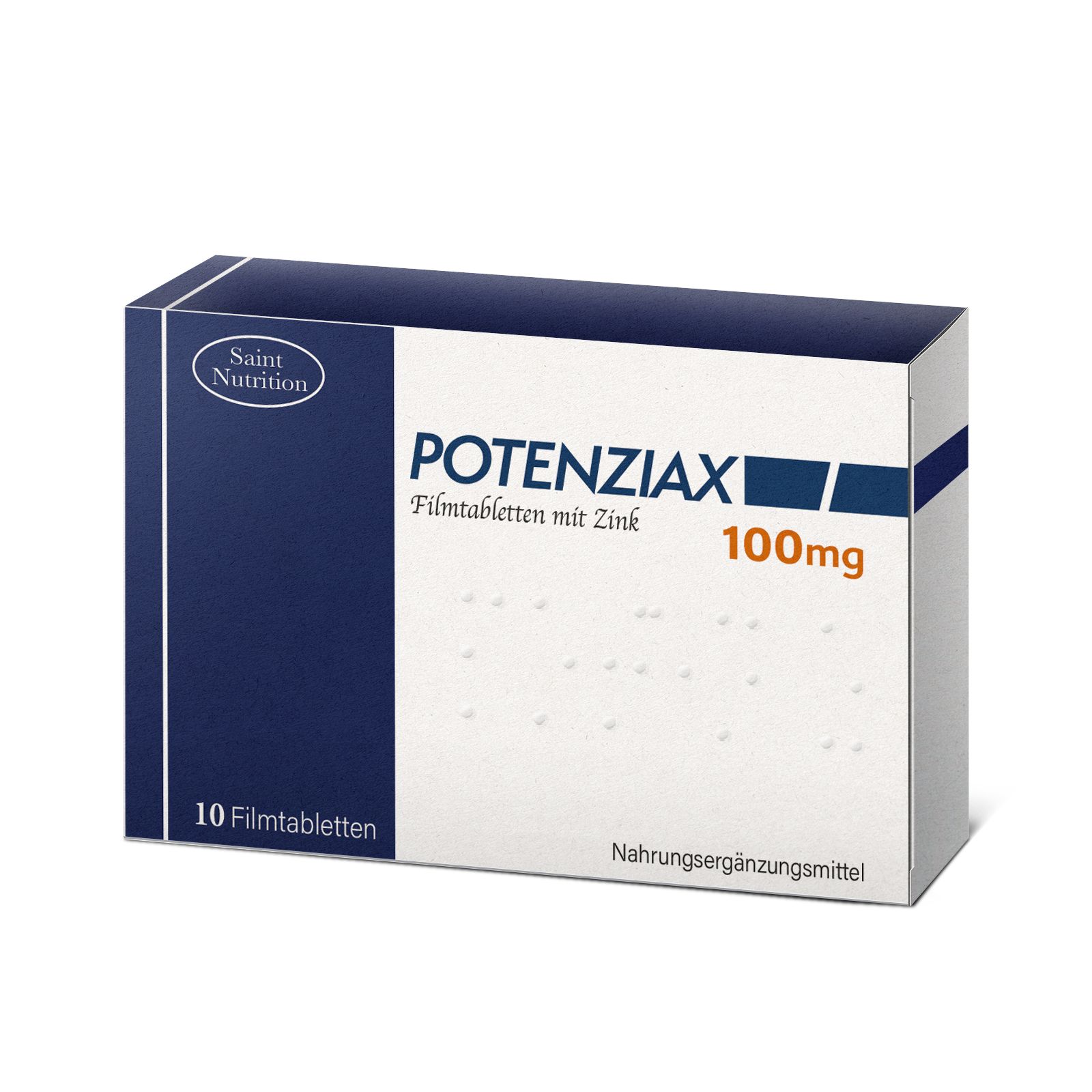 Karton mit Potenziax Filmtabletten. Enthält 10 Tabletten mit Zink, 100mg. Nahrungsergänzungsmittel. Marke Saint Nutrition.