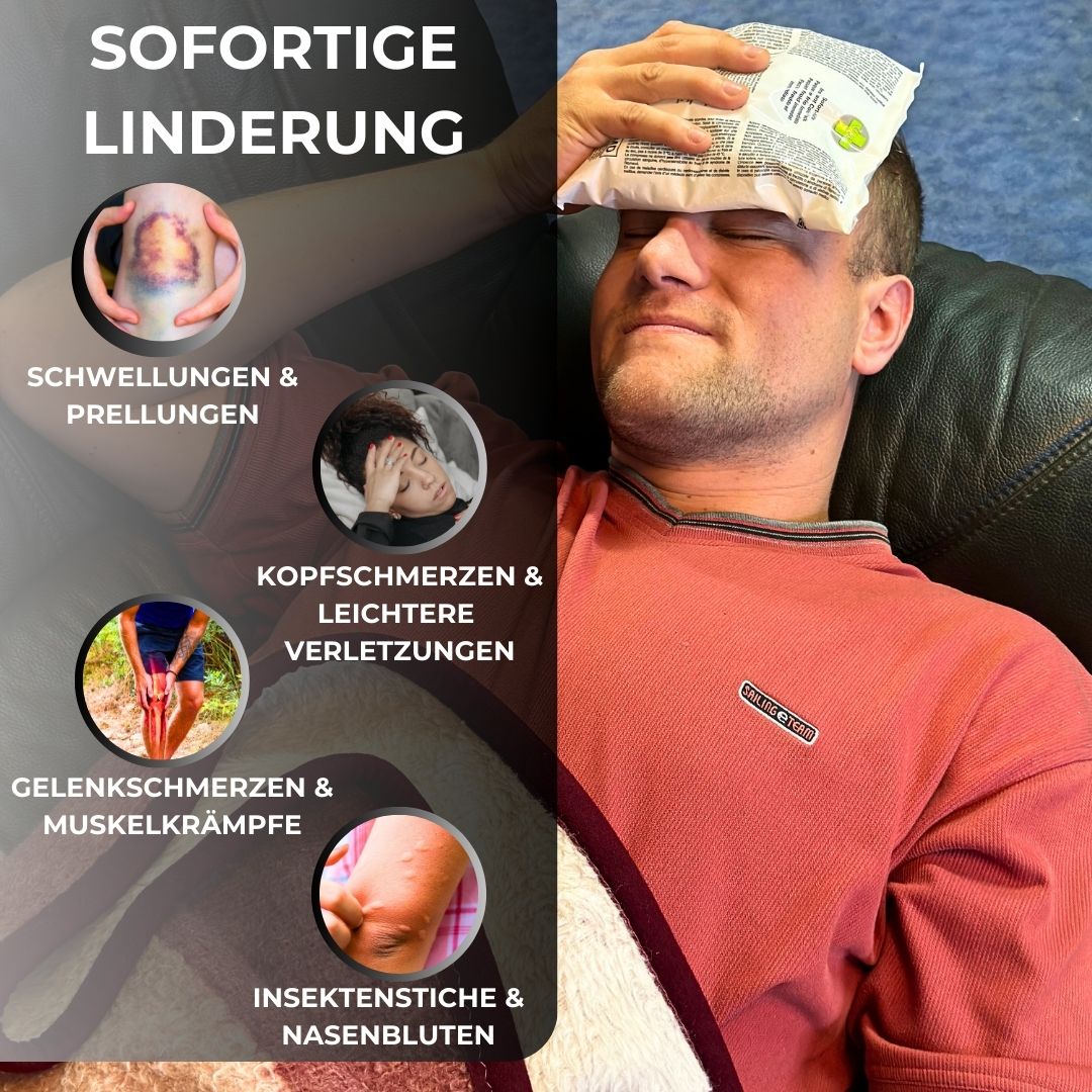 Mann mit Kompresse auf der Stirn. Grafiken zeigen Anwendungen bei Schwellungen, Kopfschmerzen, Gelenkschmerzen und Insektenstichen.