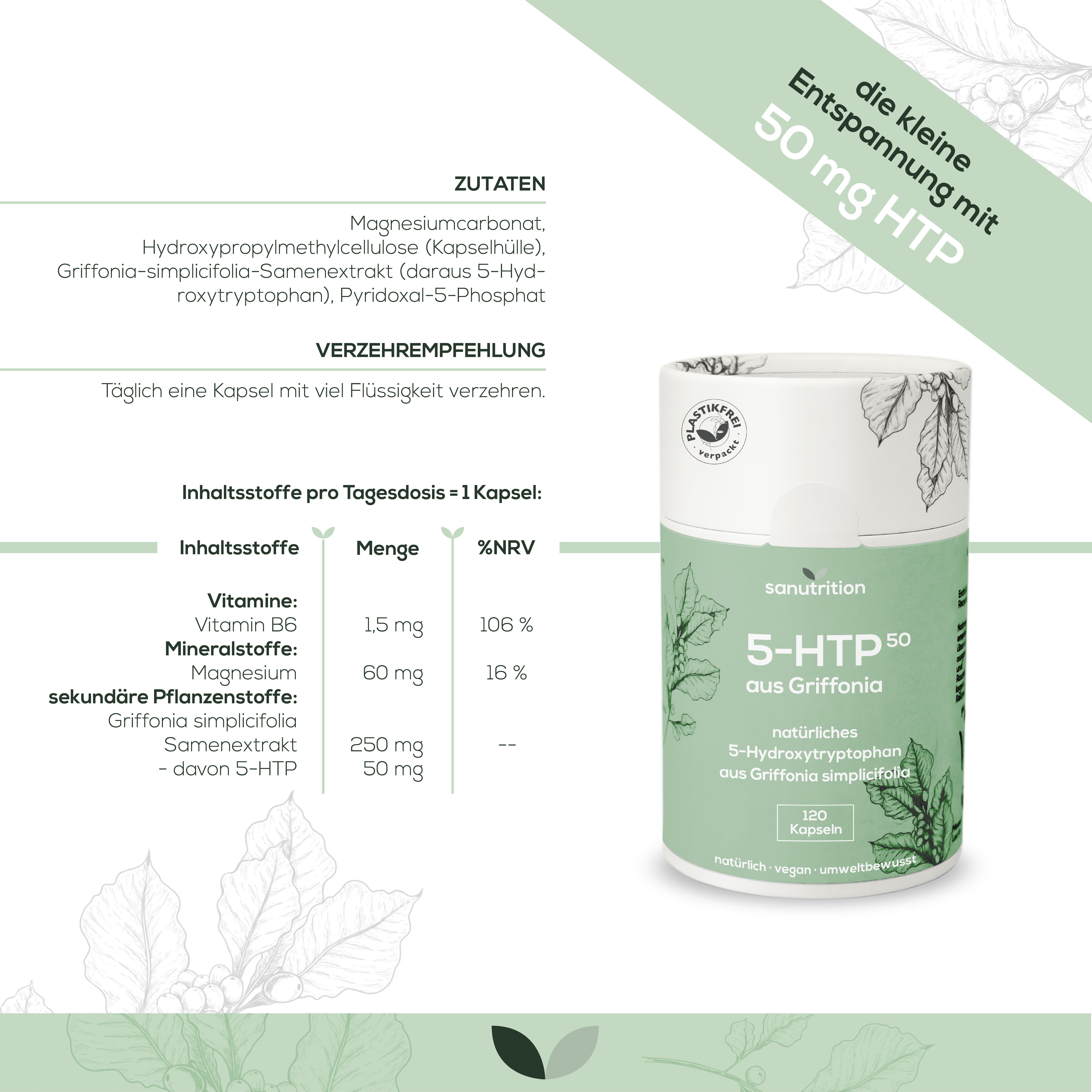 Produktinformationen: Zutaten, Verzehrempfehlung, Inhaltsstoffe pro Kapsel. Dose '5-HTP 50' mit 120 Kapseln. Grün-weißes Design.