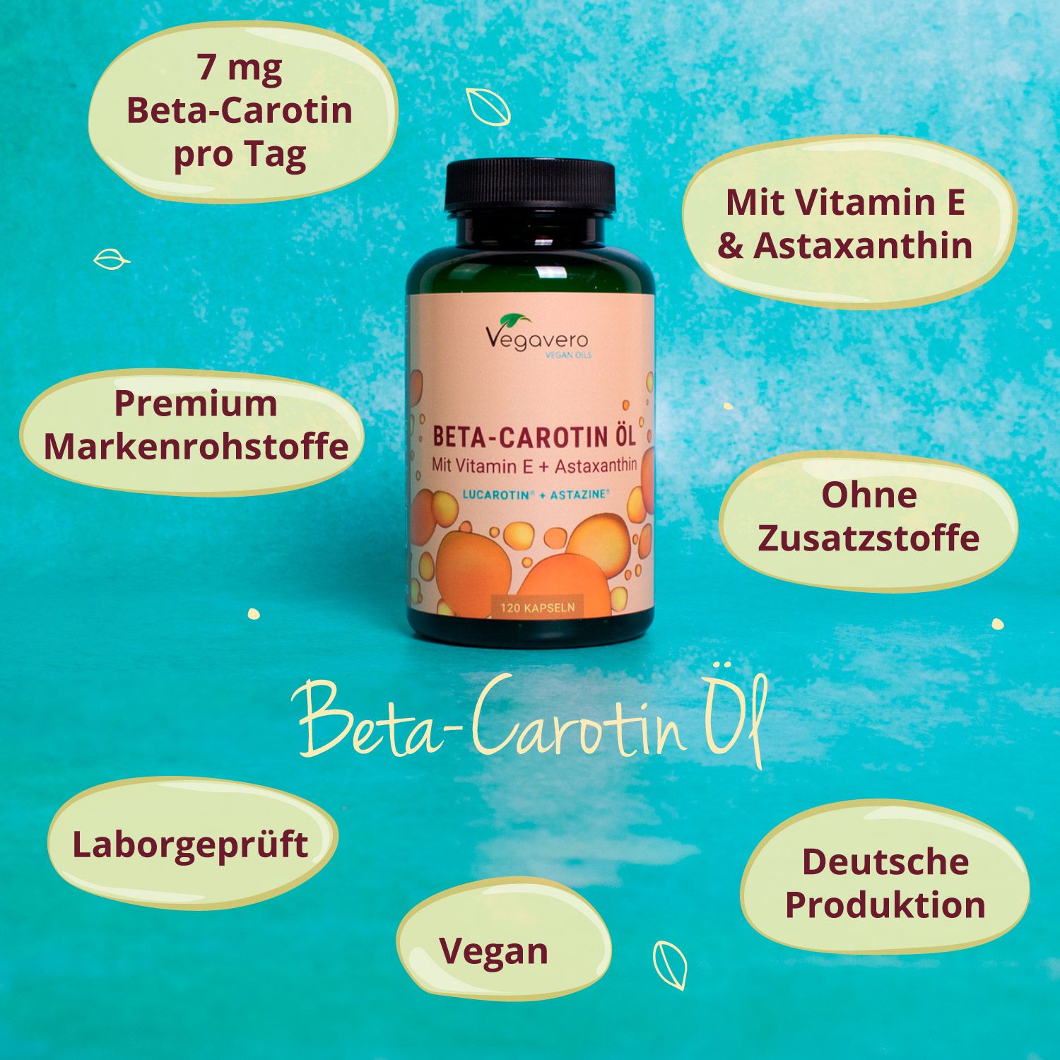 Produktflasche mit Text und Logos. Text: Beta-Carotin Öl, Mit Vitamin E & Astaxanthin. Logos: Vegan, Laborgeprüft, Deutsche Produktion.