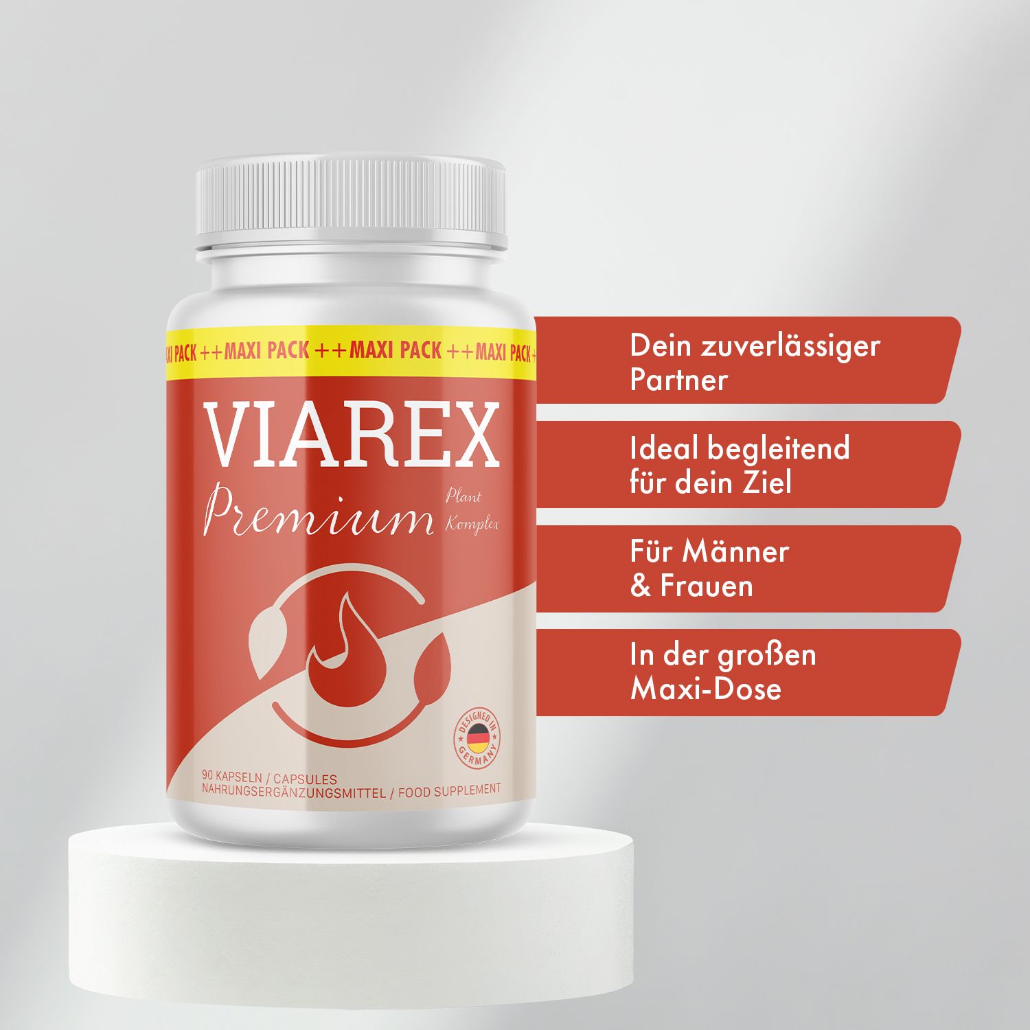 Viarex Premium Kapseln auf einem Podest. Rotes Etikett mit weißer Schrift. Text: Viarex Premium. Zusätzlicher Text auf Deutsch.