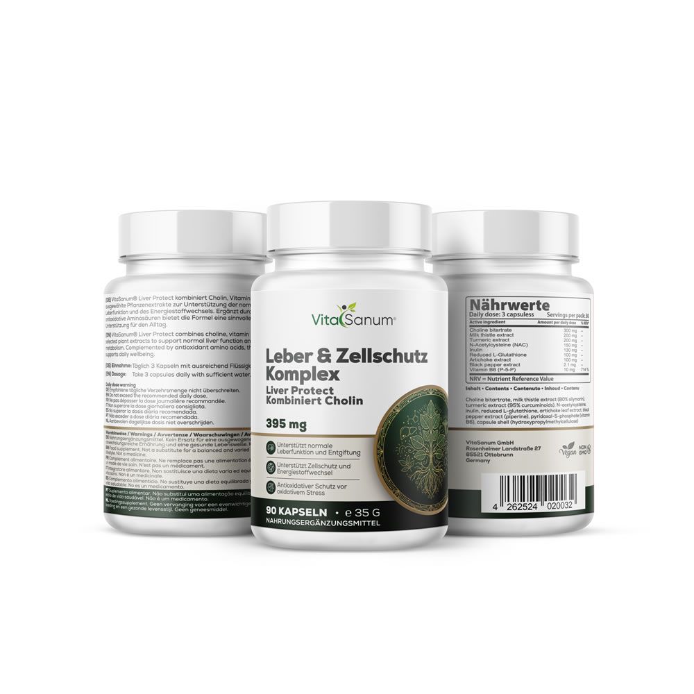 Drei weiße Flaschen mit VitaSanum®-Etikett. Aufschrift: Leber & Zellschutz Komplex, 395 mg, 90 Kapseln. Grün-braunes Etikett mit Baum-Motiv.