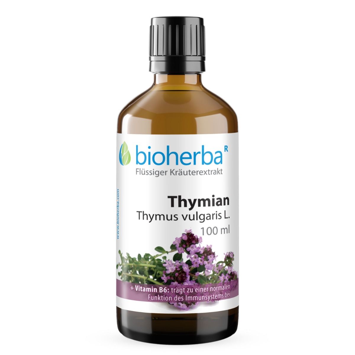 Bioherba Thymian Tinktur Flasche, braunes Glas, schwarzer Deckel, Thymian-Illustration. Text: Vitamin B6 trägt zur normalen Funktion des Immunsystems bei.