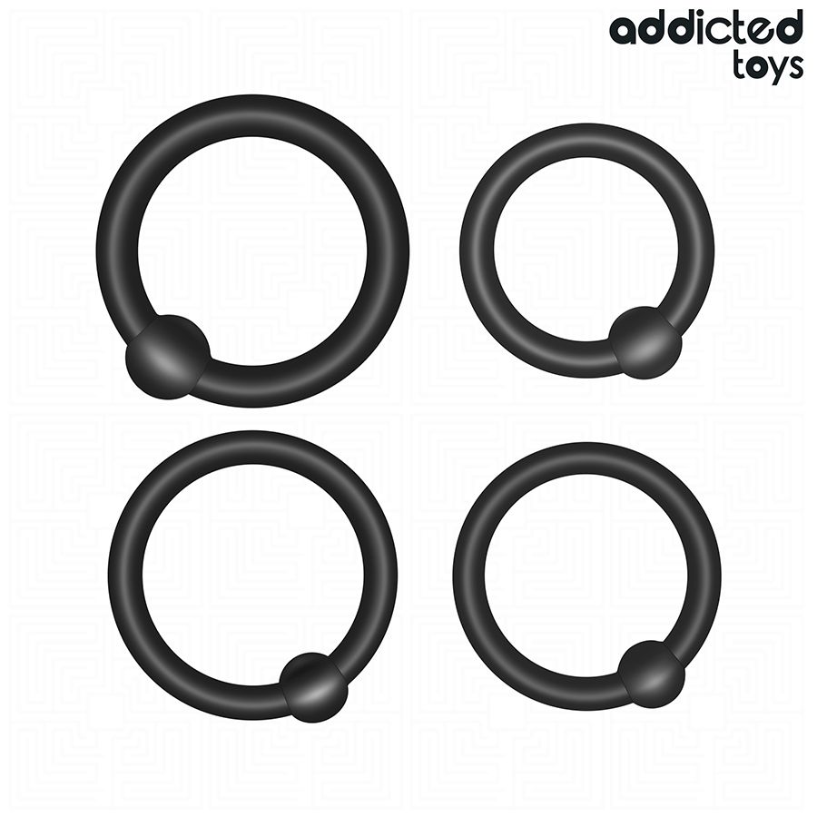 Vier schwarze Cockringe mit Erhebung. Marke: Addicted Toys.