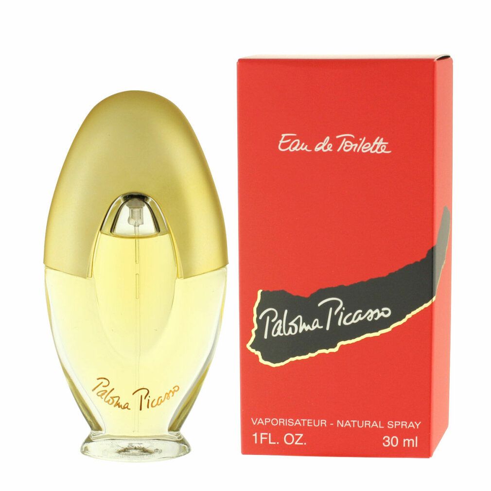 Parfumflakon und Verpackung. Flakon oval, goldener Deckel, klare Flüssigkeit. Rote Verpackung mit Logo und Schriftzug.