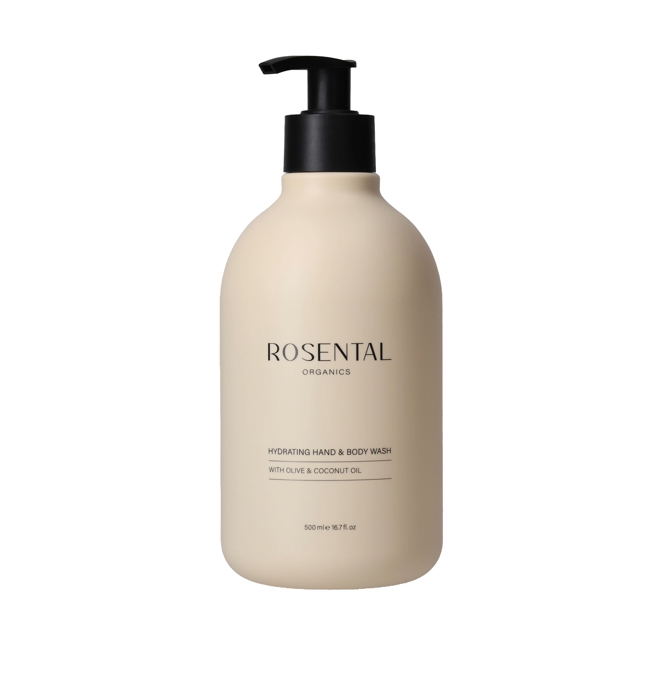 Beige Hand- und Körperwaschflasche mit schwarzem Pumpkopf. Aufschrift: Rosental Organics, Hydrating Hand & Body Wash.