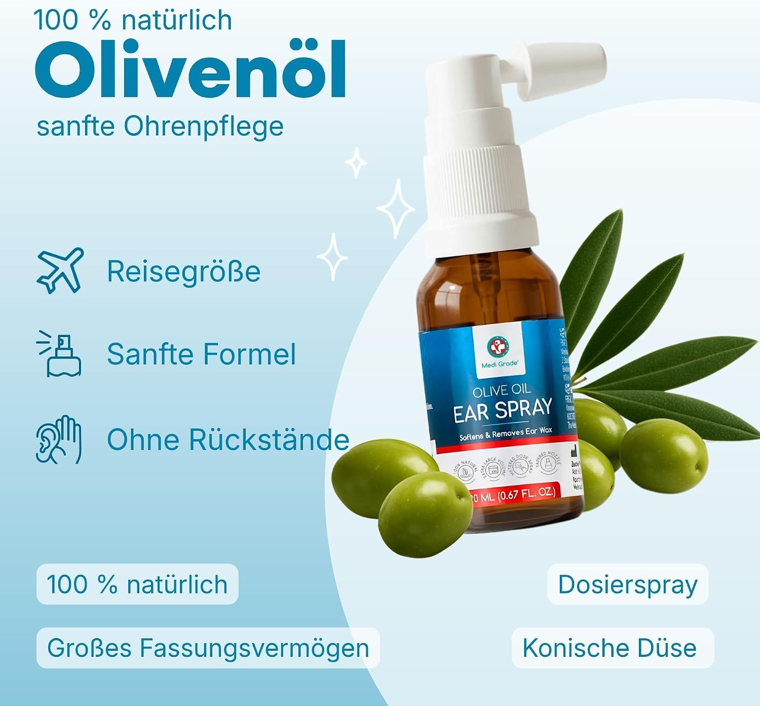 Ohrspray mit Olivenöl, 20ml, mit konischer Düse und Oliven.