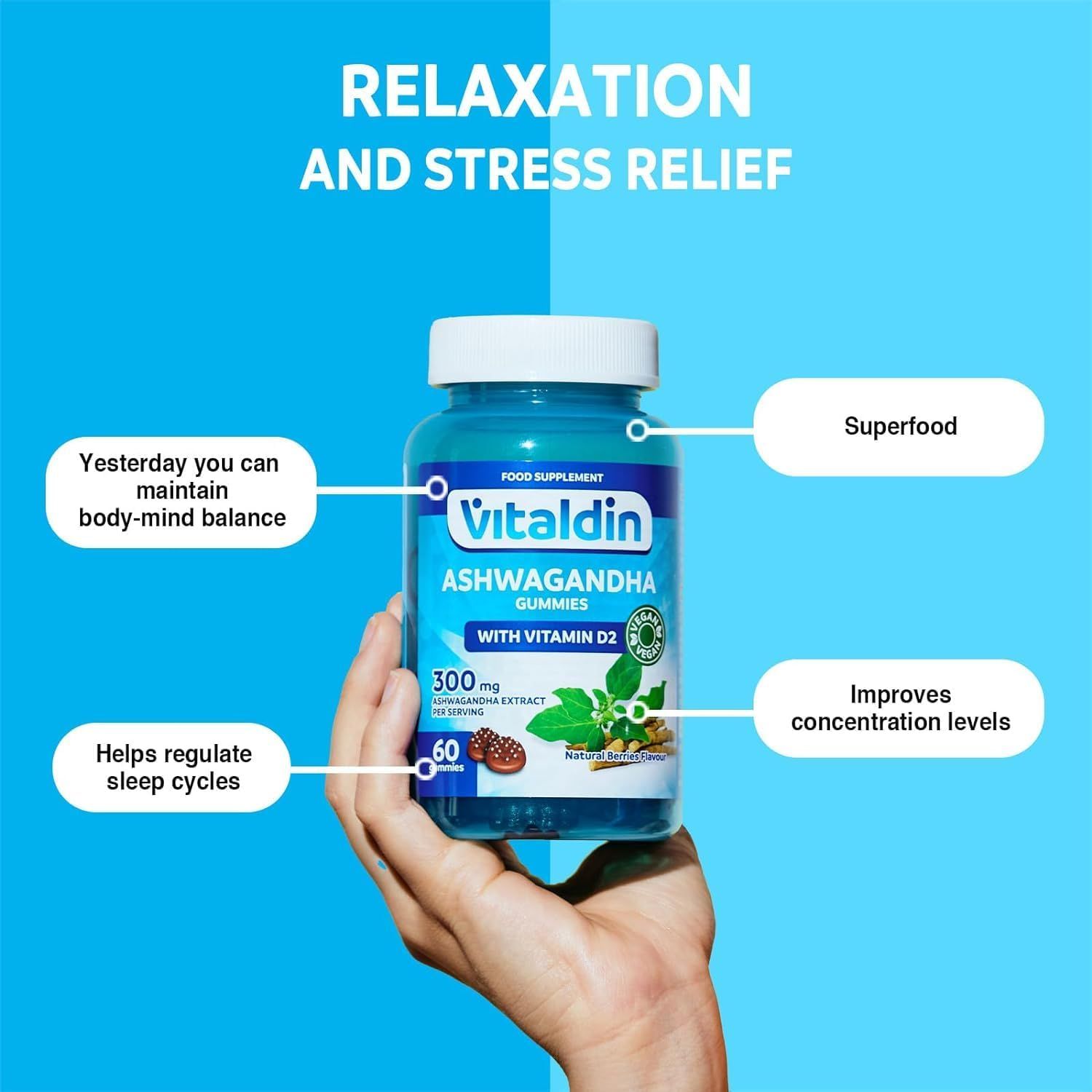Hand hält Flasche VITALDIN Ashwagandha Gummies. Text: Entspannung und Stressabbau. Hilft, den Schlafrhythmus zu regulieren.