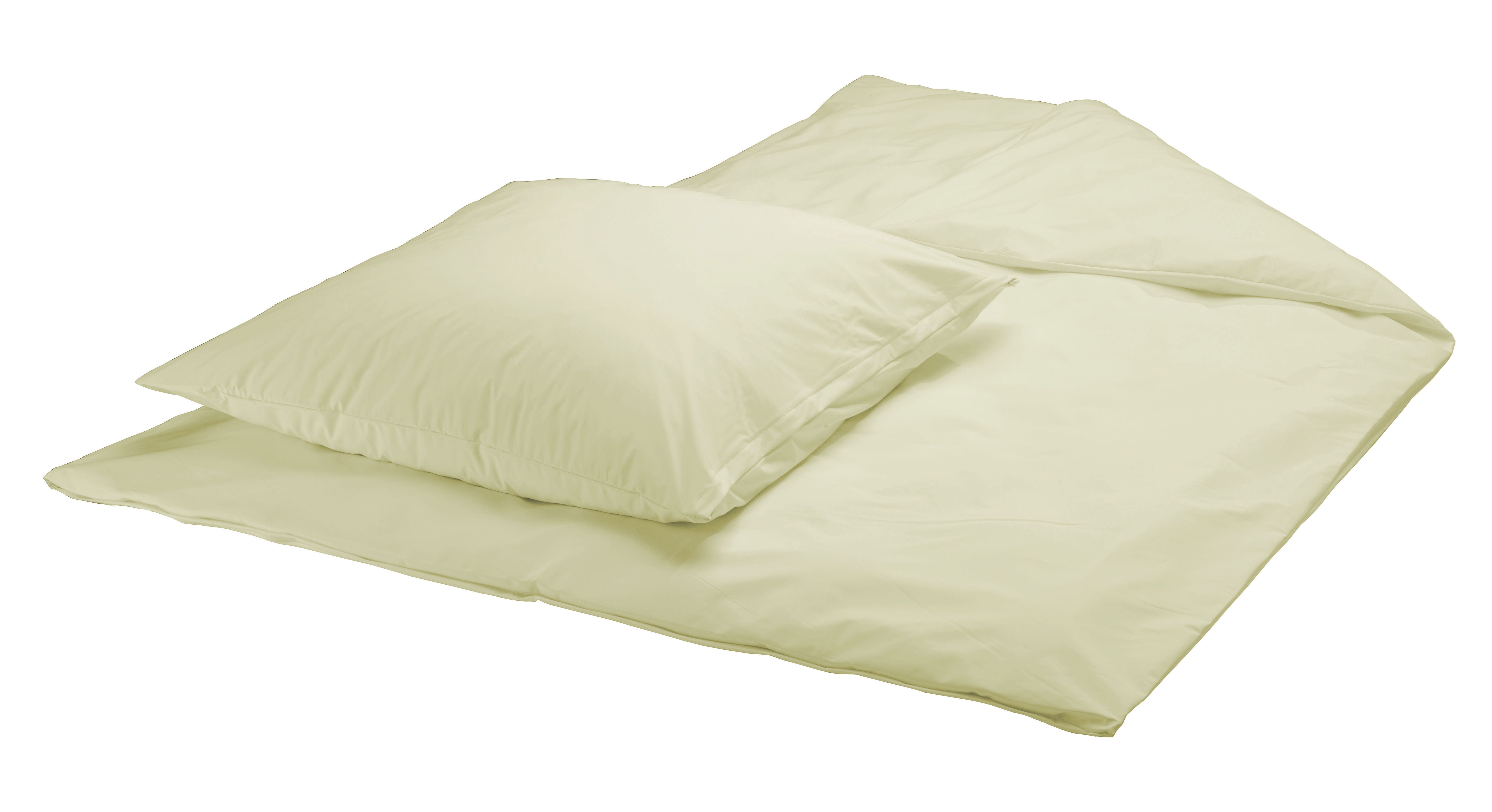 Beige Bettwäsche, Kissen und Decke. Quadratische Kissenform.