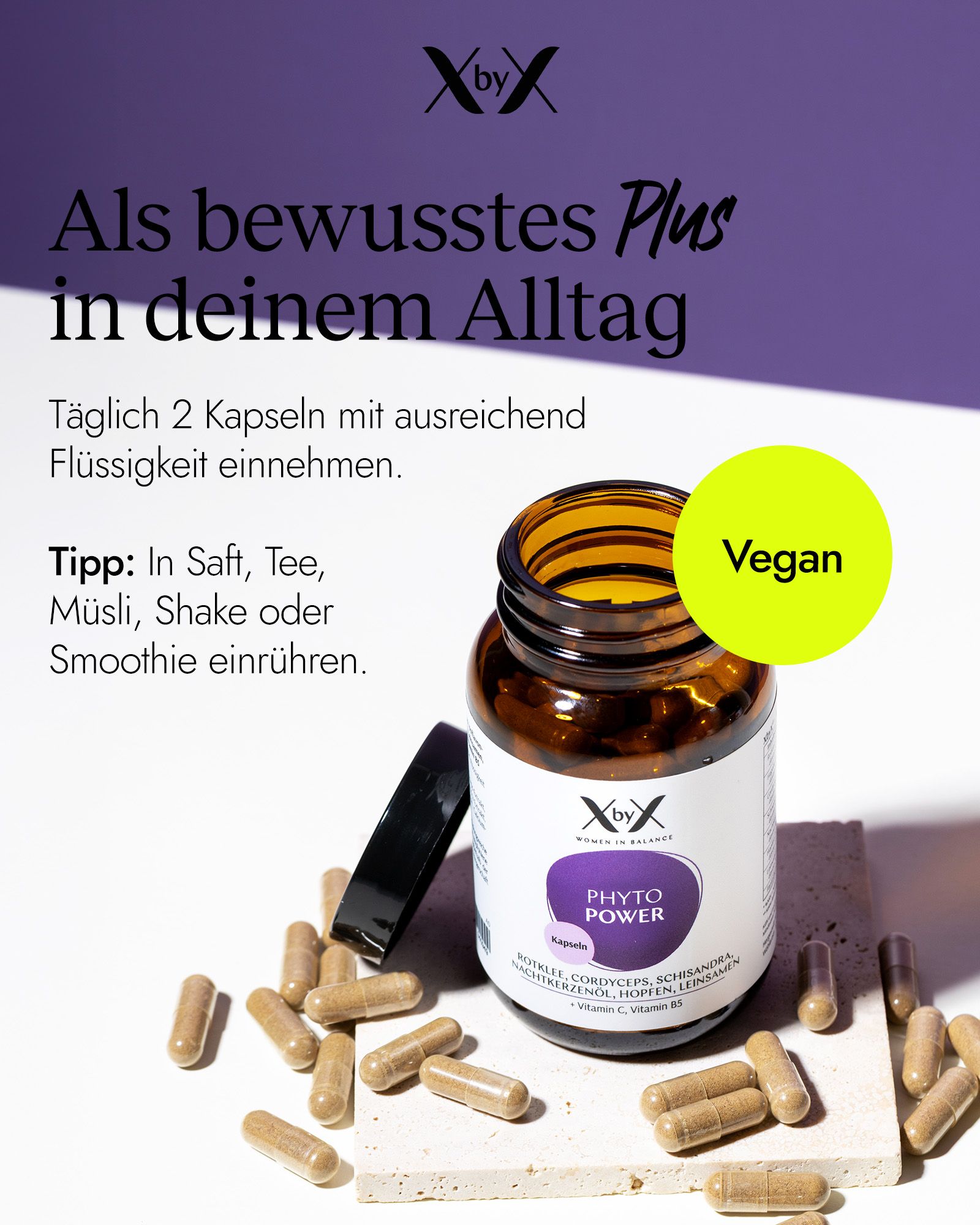 XbyX Phyto Power Kapsel-Flasche mit verstreuten Kapseln und einem grünen "Vegan"-Kreis.