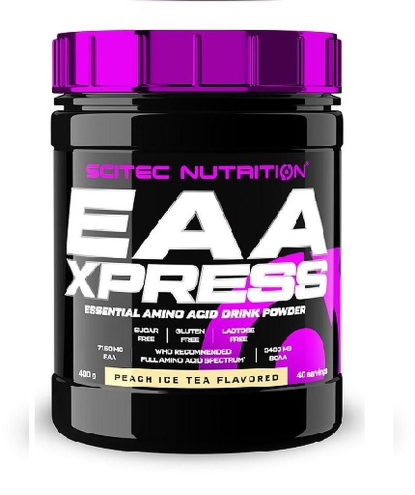Schwarze Dose mit lila Deckel. Aufschrift: Scitec Nutrition EAA Xpress. Enthält Aminosäure-Drink-Pulver. Geschmack: Peach Ice Tea.