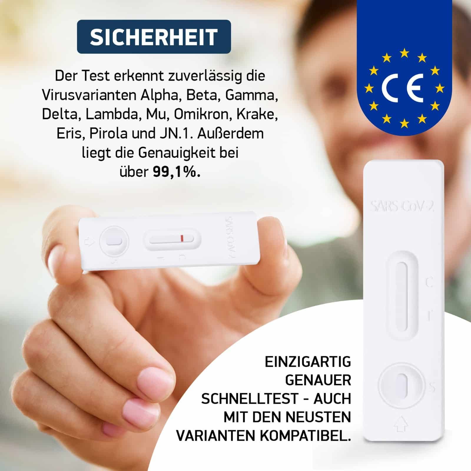 Person hält einen COVID-19-Schnelltest. Test zeigt ein Ergebnis. CE-Kennzeichnung. Text: Sicherheit.