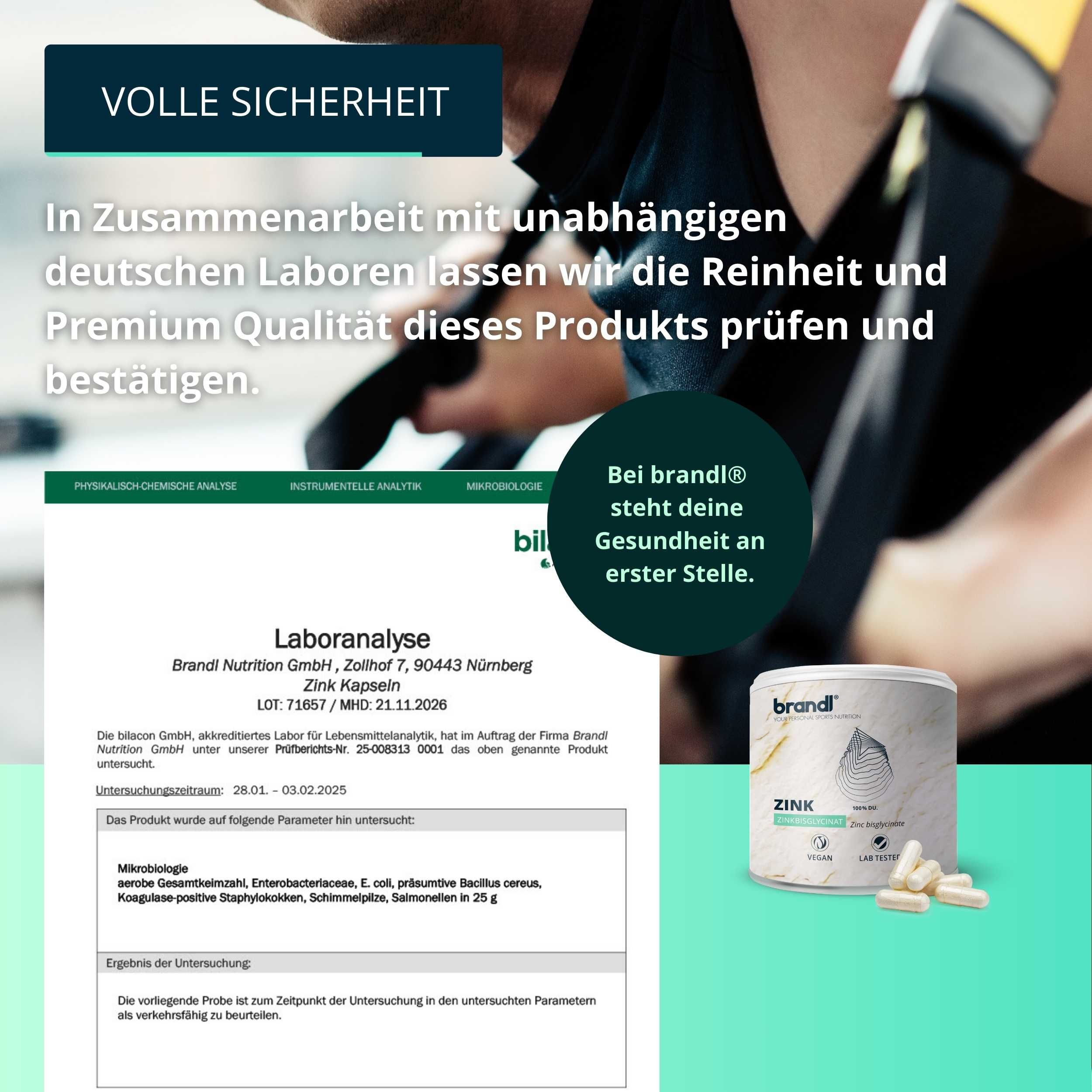 Laboranalyse und Dose mit Zink-Kapseln. Text: brandl®, Zink Kapseln. Mikrobiologie geprüft. Auf weißem Hintergrund.