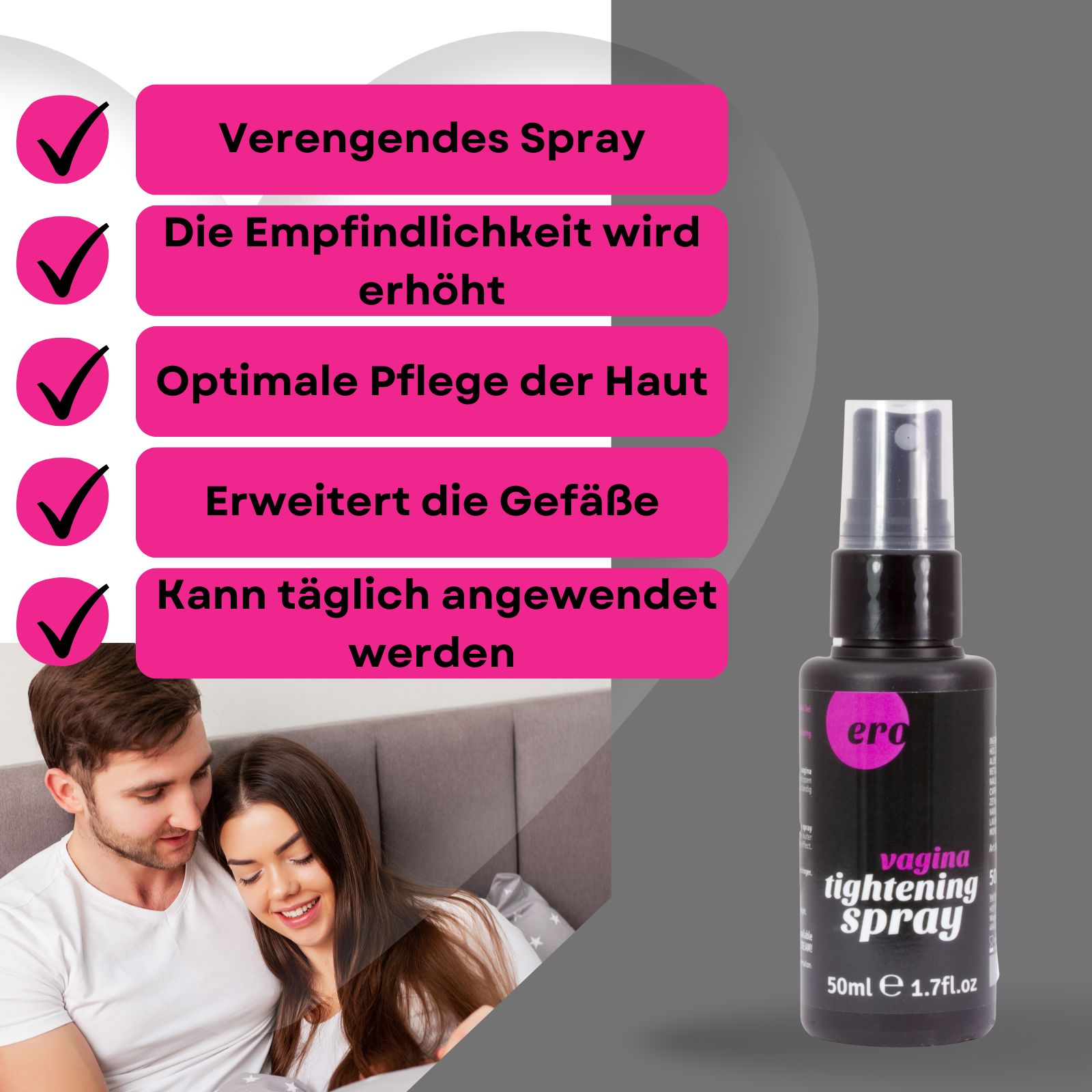 Schwarze Sprühflasche und Verpackung. Paar im Bett. Text mit Produktvorteilen.