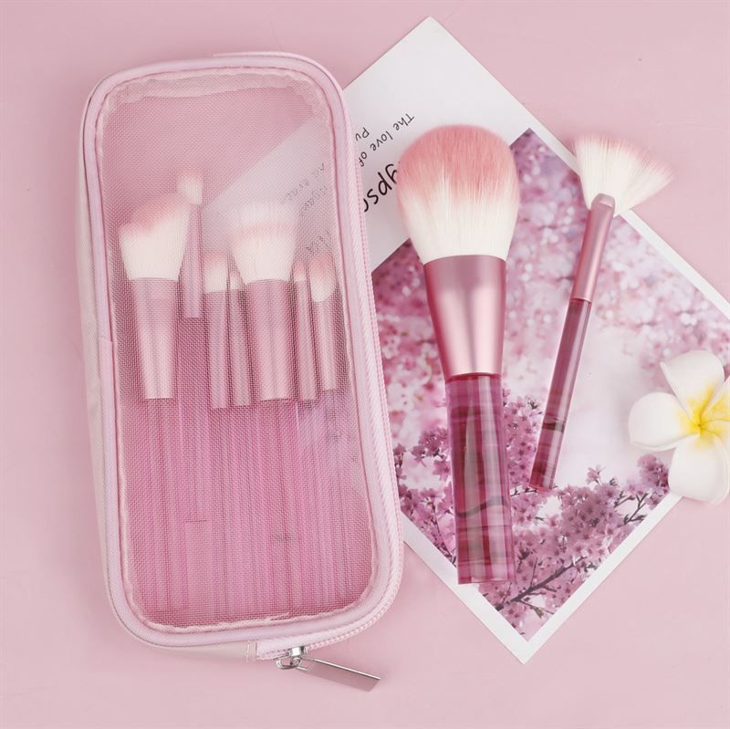 Rosa Make-up-Pinsel-Set mit Etui. Pinsel mit transparenten Griffen und rosa Borsten. Auf rosa Untergrund.