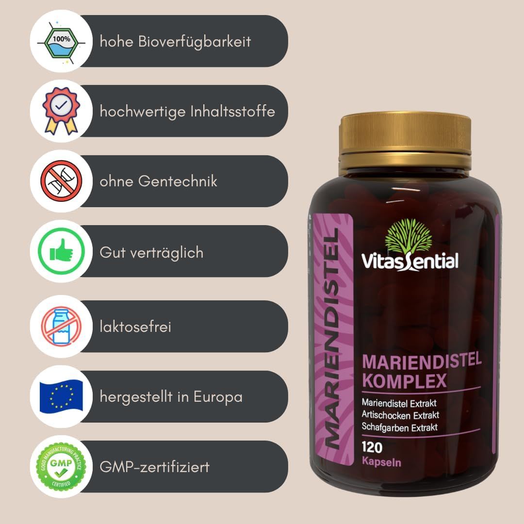 Braune Flasche mit Kapseln. Text: Mariendistel Komplex, 120 Kapseln. Logos: hohe Bioverfügbarkeit, GMP-zertifiziert, hergestellt in Europa.
