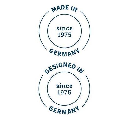 Zwei Kreise mit Text. Oben: Made in Germany, seit 1975. Unten: Designed in Germany, seit 1975.