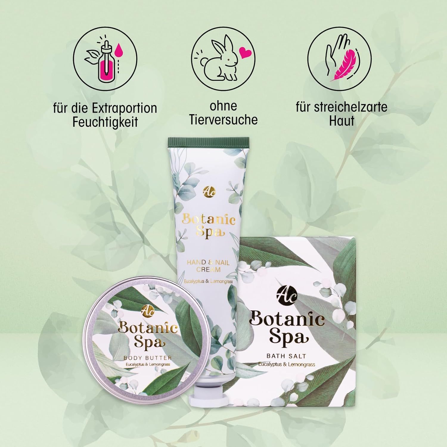 Drei Produkte: Handcreme, Körperbutter und Badesalz. Logo Botanic Spa. Symbole: Feuchtigkeit, tierversuchsfrei, zarte Haut.
