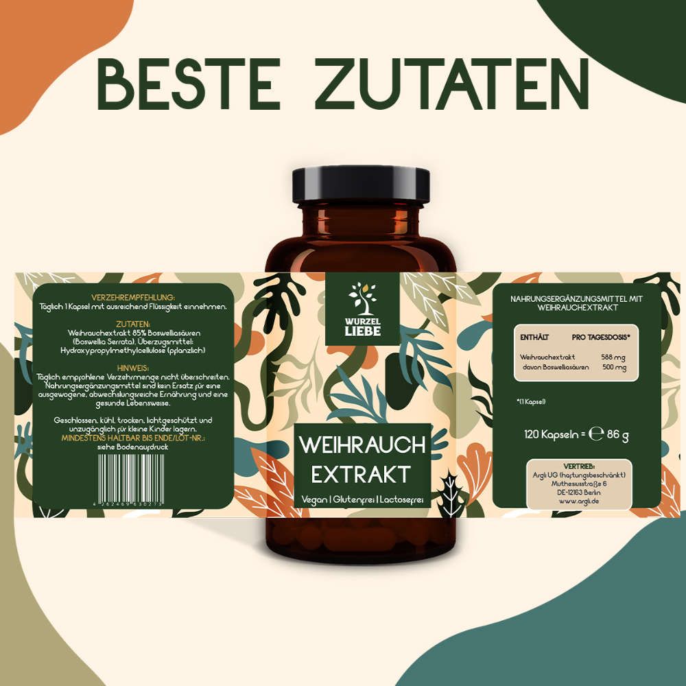 Flasche WURZELLIEBE Weihrauch Extrakt. Text: 120 Kapseln, 86 g. Nährwertangaben. Vegan, glutenfrei, laktosefrei. Inhaltsstoffe.