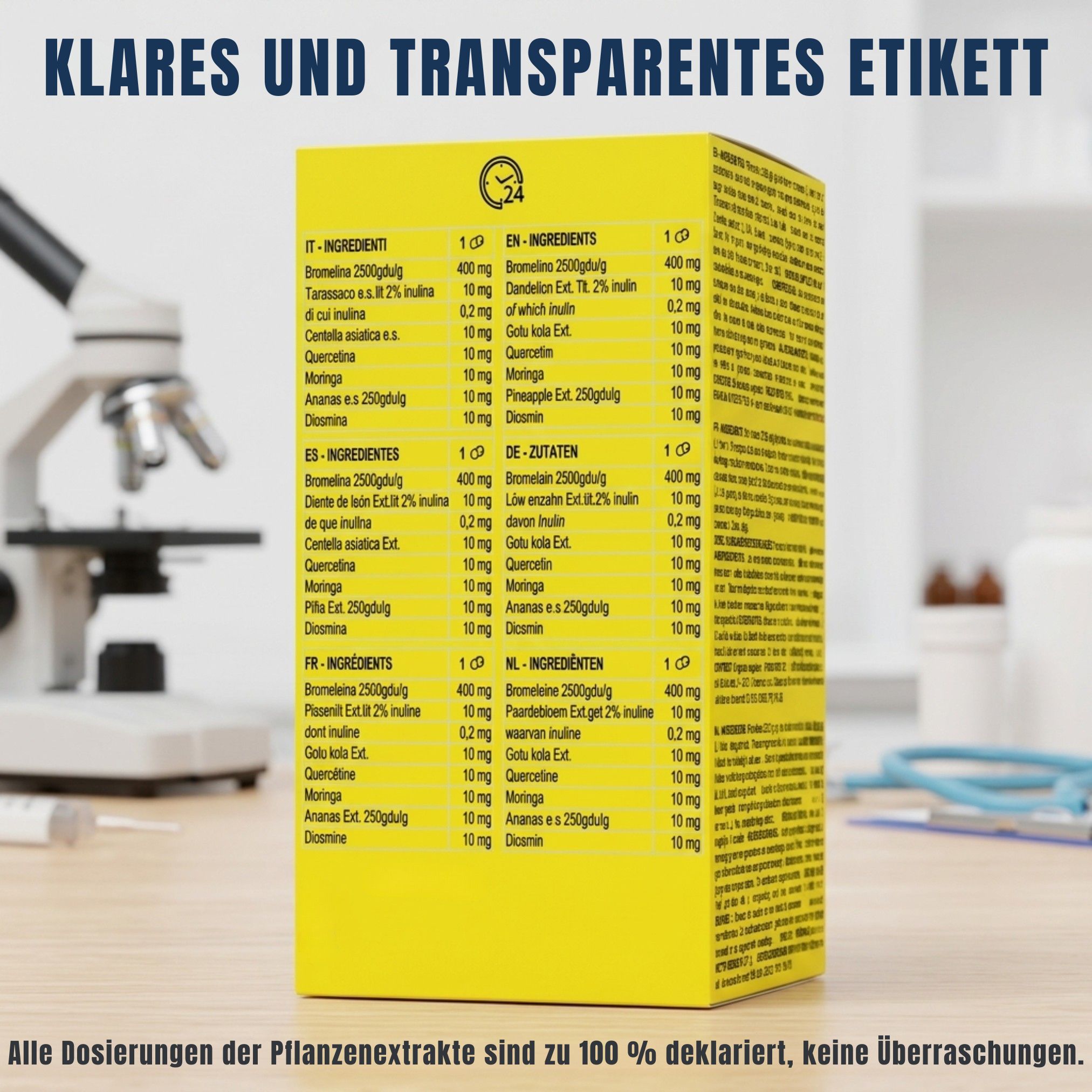 Gelbe Verpackung mit detaillierter Zutatenliste für Bromelain-Kapseln.