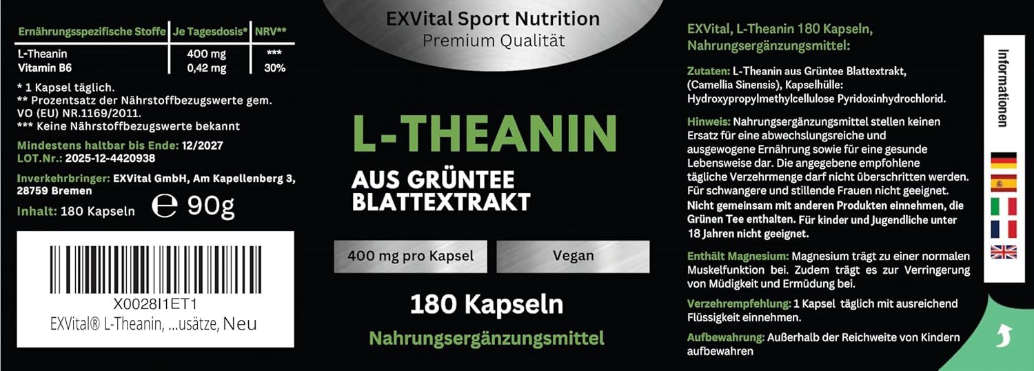 Etikett EXVital L-Theanin. 180 Kapseln. 400mg pro Kapsel. Aus Grüntee Blattextrakt. Vegan. Nährwertangaben. Informationen in mehreren Sprachen.