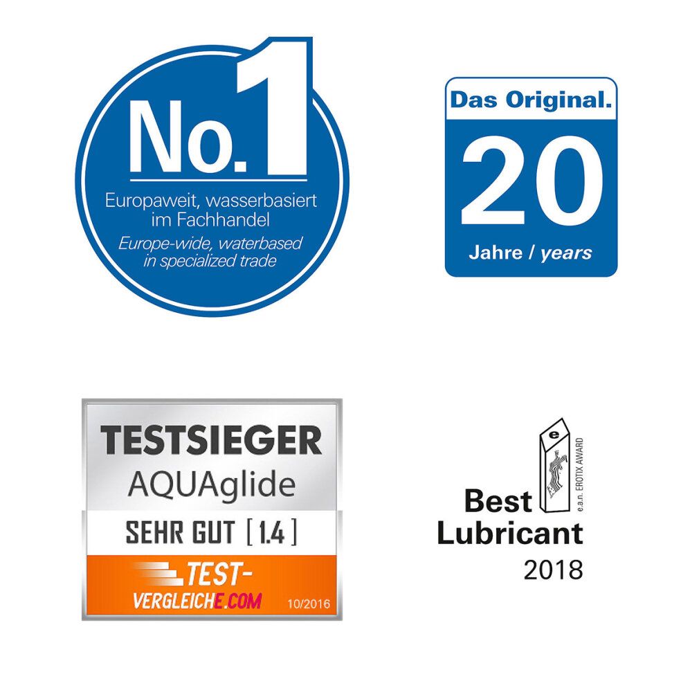 Verschiedene Auszeichnungen für AQUAglide: Nr. 1, 20 Jahre, Testsieger, Best Lubricant 2018. Blaue und weiße Logos.
