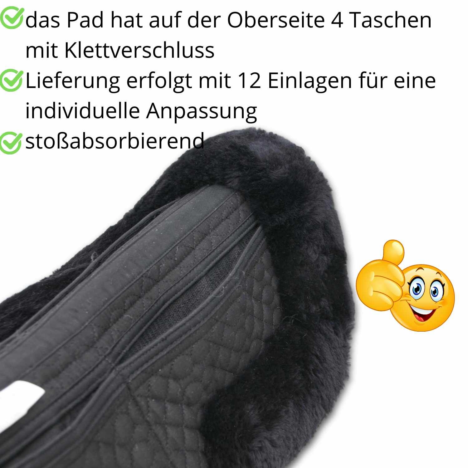 Schwarzes Sattelkissen mit Fellrand. 4 Taschen mit Klettverschluss. Lieferung mit 12 Einlagen.