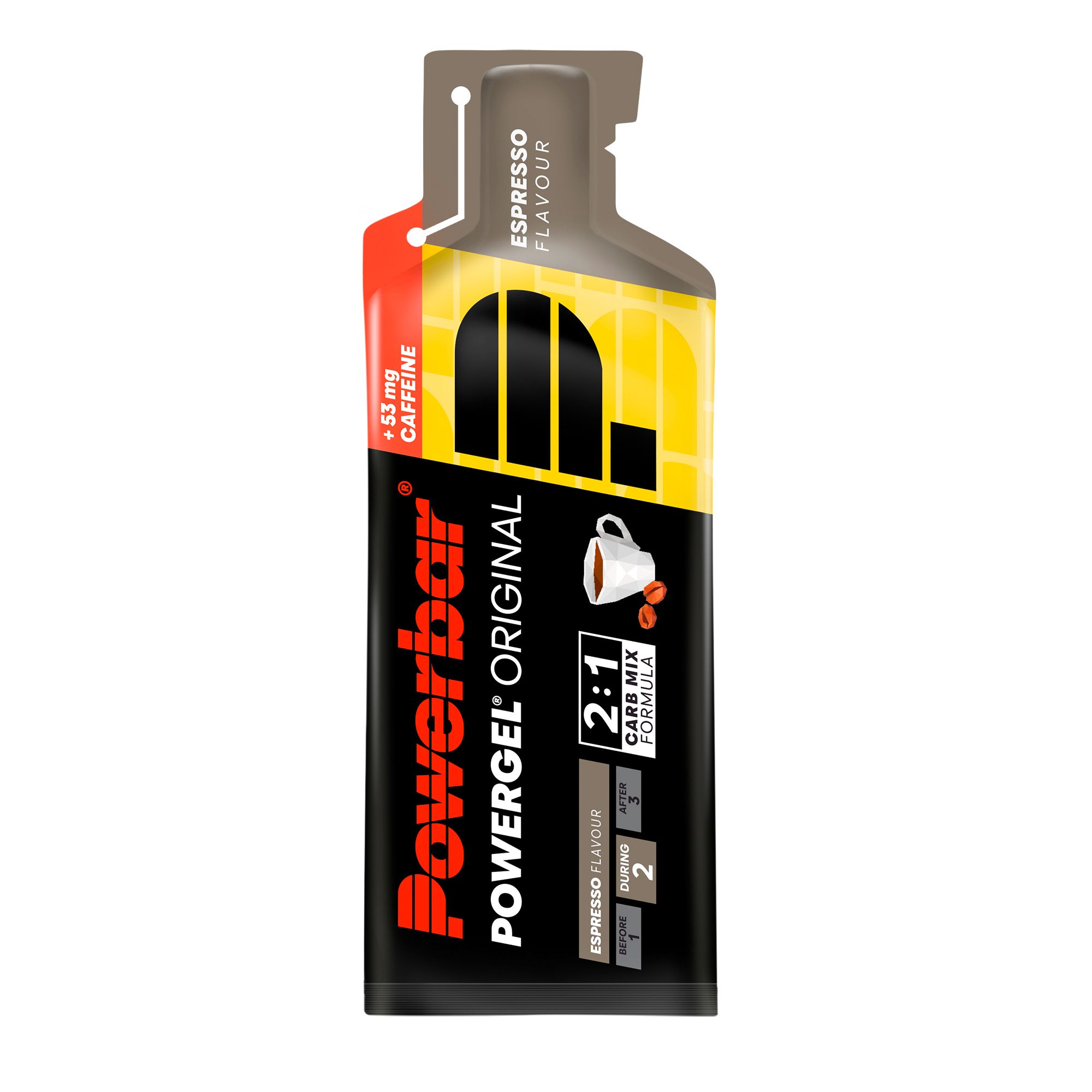 PowerBar PowerGel Original Espresso. Schwarze Verpackung mit gelben und roten Akzenten. Enthält 53 mg Koffein.