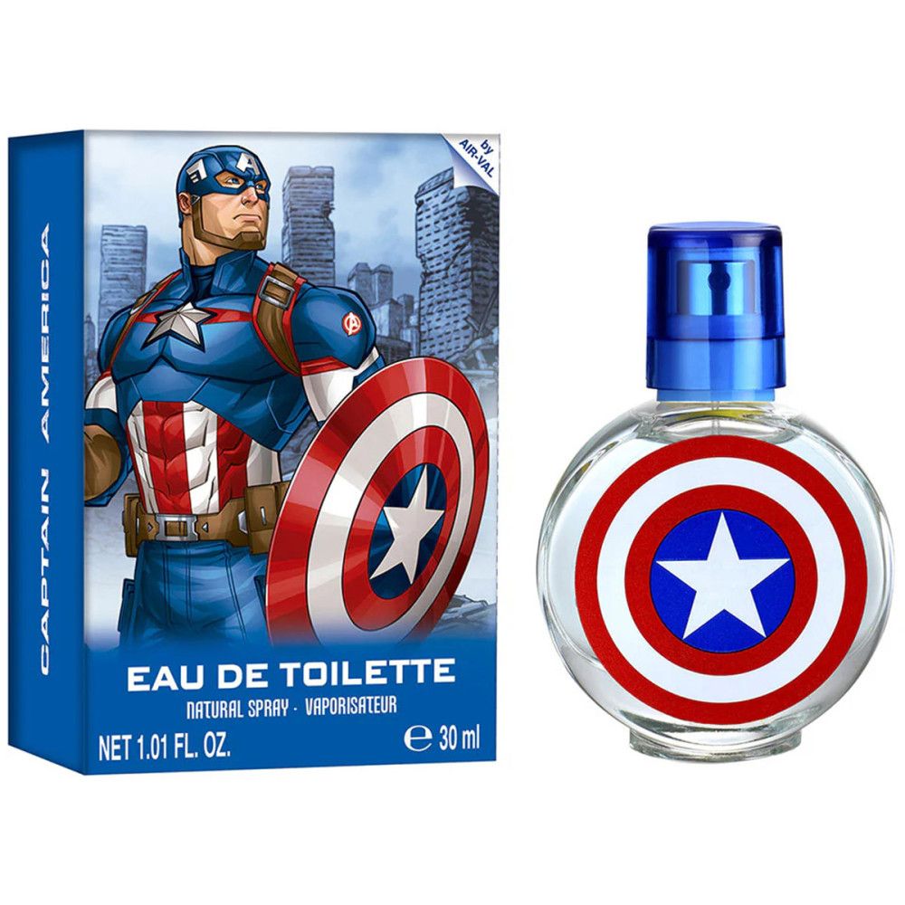 Blau-weiße Schachtel und runde Flasche. Captain America-Design. Eau de Toilette. 30 ml.