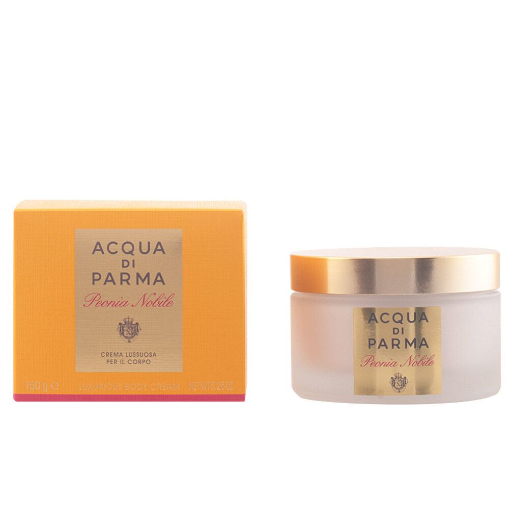 Creme-Tiegel und Schachtel. Aufschrift: Acqua di Parma Peonia Nobile. Goldener Deckel, gelbe Schachtel.