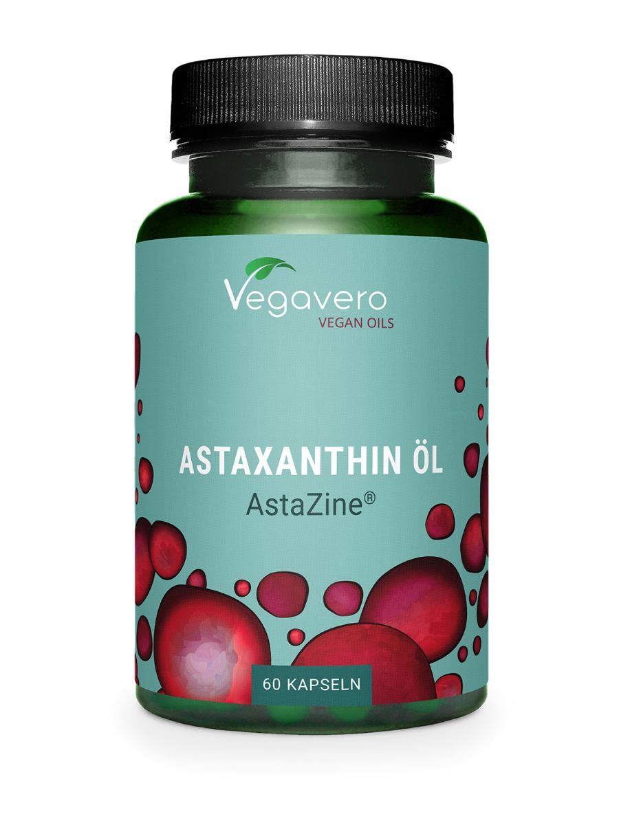 Grüne Flasche mit schwarzen Deckel. Aufschrift: Astaxanthin Öl, 60 Kapseln. Marke: Vegavaro Vegan Oils.