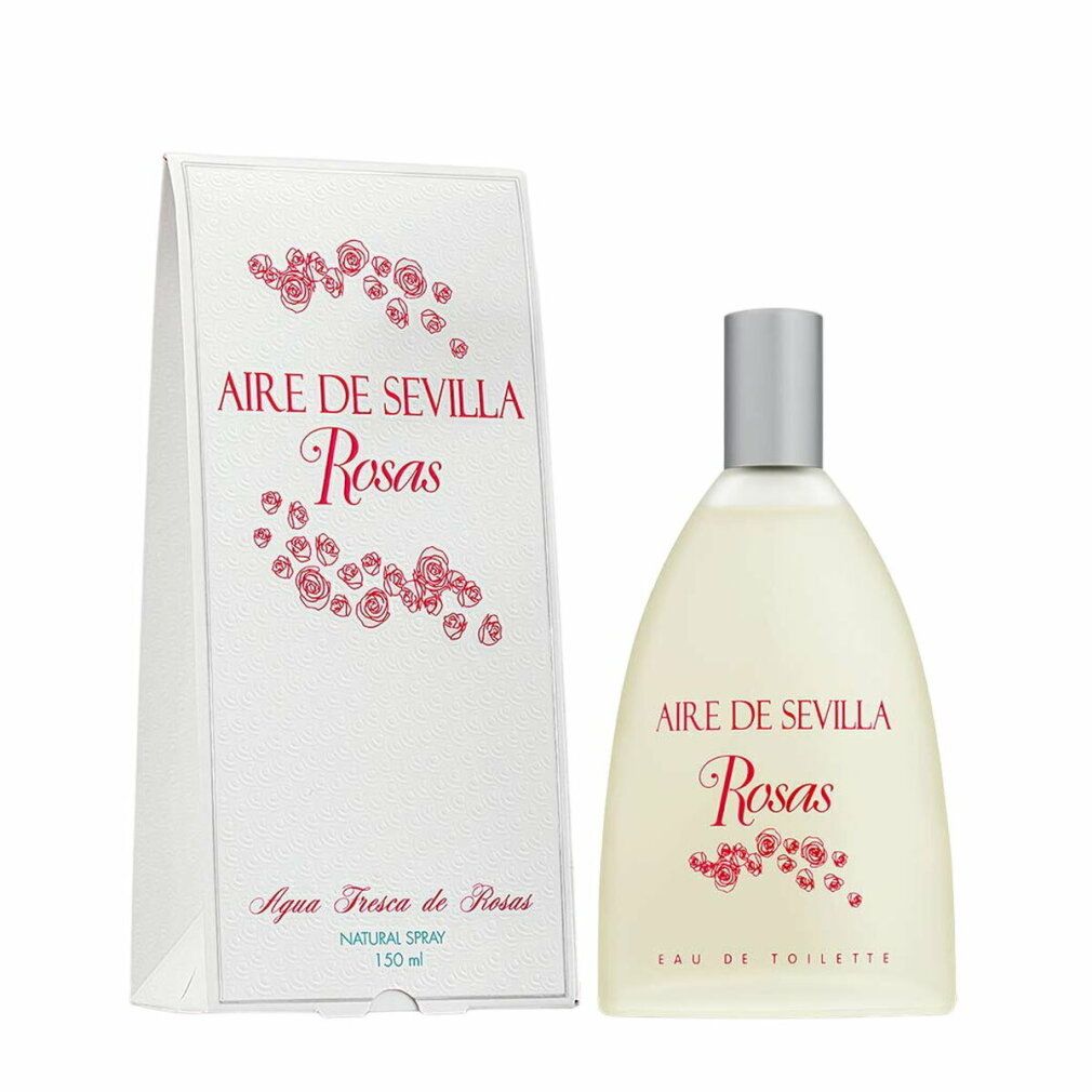 Flakon und Schachtel mit Aufschrift Aire de Sevilla Rosas. Rosa Blütenmuster. Eau de Toilette. Silberner Sprühkopf.