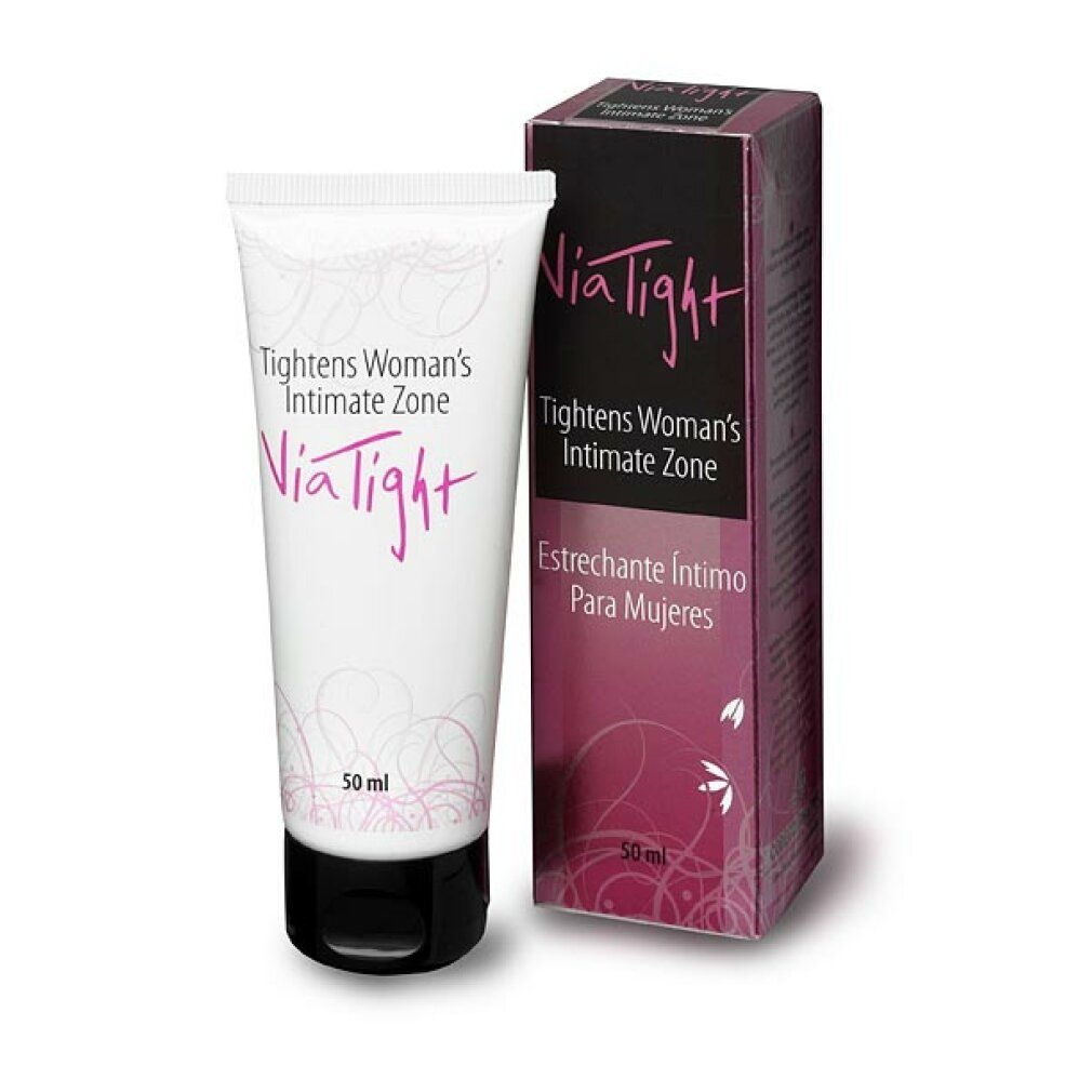 ViaTight Tube und Schachtel. Text: Tightens Woman's Intimate Zone. Estrechanche Intimo Para Mujeres. 50 ml.
