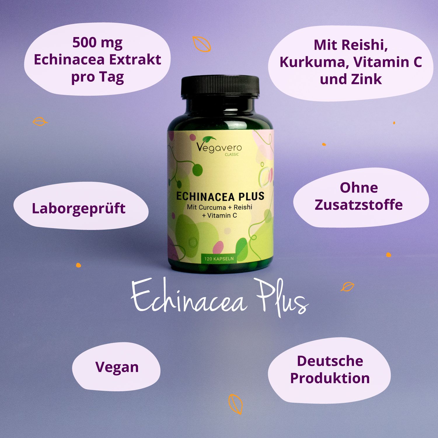 Grüne Flasche mit schwarzem Deckel, VEGAVERO CLASSIC, ECHINACEA PLUS. Text: 500 mg Echinacea Extrakt, Mit Reishi, Kurkuma, Vitamin C und Zink.