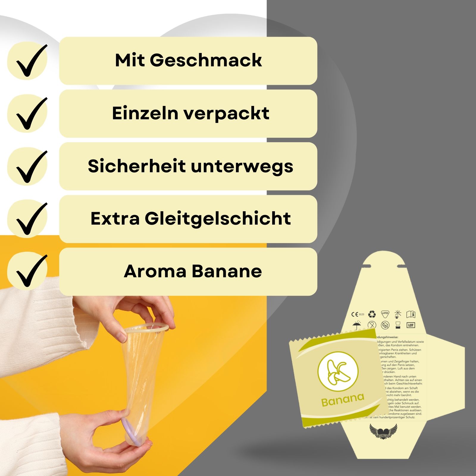 Kondom-Verpackung, Bananengeschmack, einzeln verpackt, Kondom-Verpackung mit Logo.