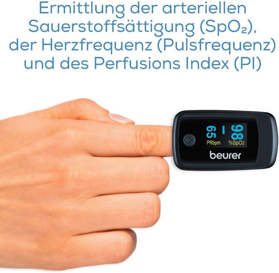 Beurer Pulsoximeter, Messung von Sauerstoffsättigung (SpO2), Herzfrequenz (Puls) und Perfusion Index