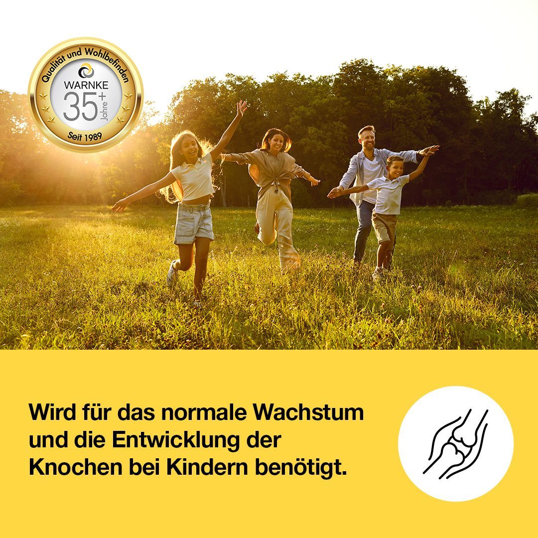 Kinder laufen auf einer Wiese. Gelber Kreis mit Text: Wird für das normale Wachstum und die Entwicklung der Knochen bei Kindern benötigt. Symbol: Knochen.