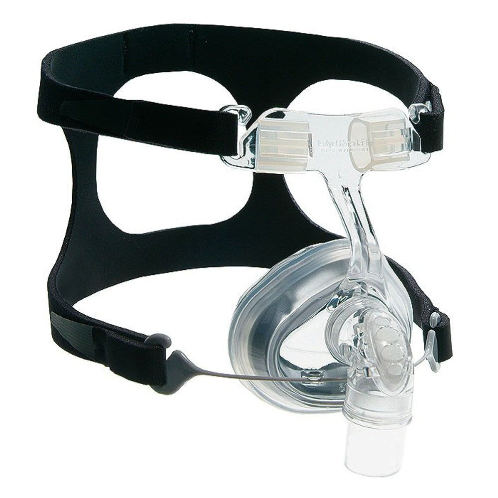 Transparente CPAP-Nasenmaske mit weißem Rahmen und schwarzem Kopfband.