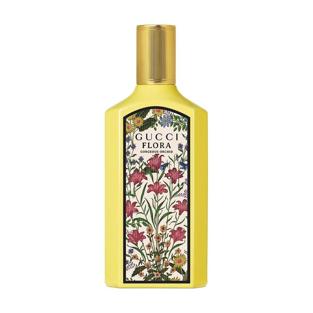 Gelbe Flasche mit floralem Muster. Aufschrift: Gucci Flora Gorgeous Orchid.