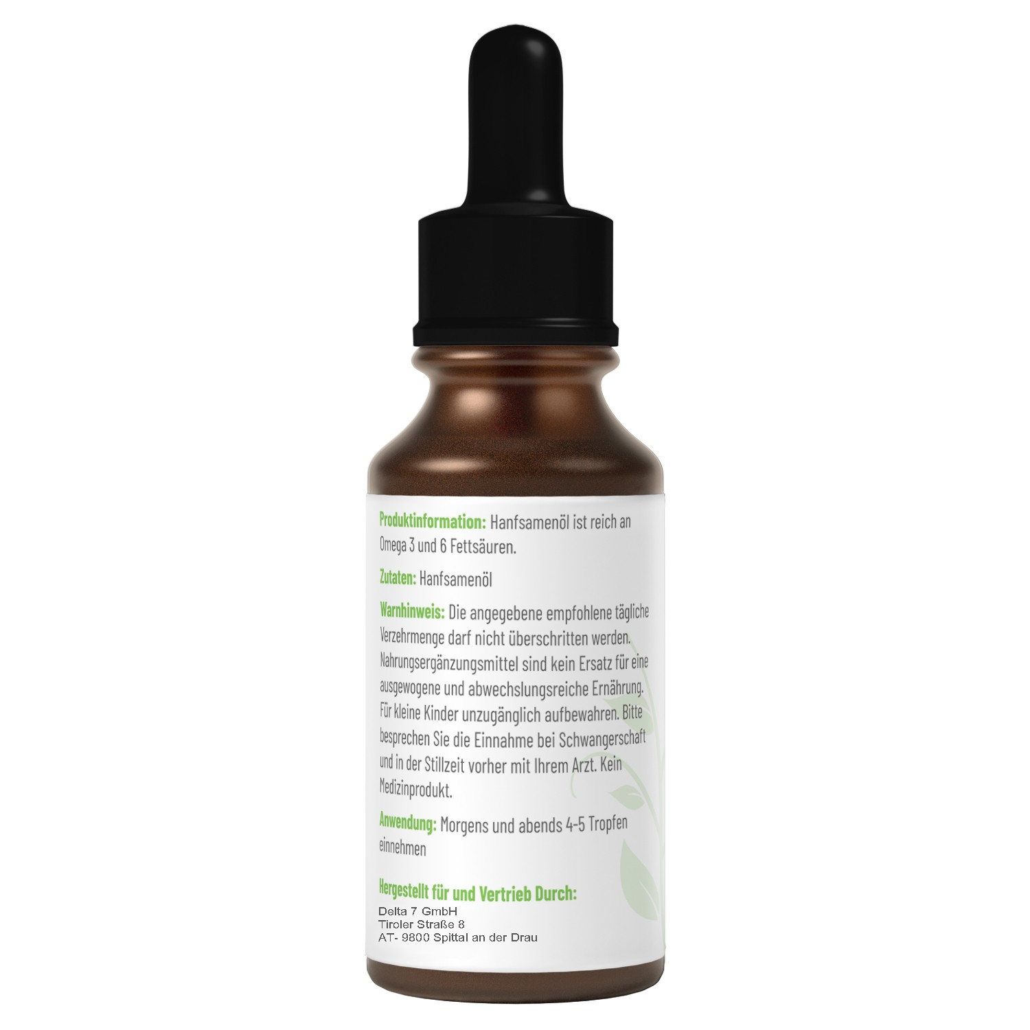 Rückseite einer braunen Flasche mit Tropfer. Text: Produktinformationen, Hanfsamenöl ist reich an Omega 3 & 6 Fettsäuren.