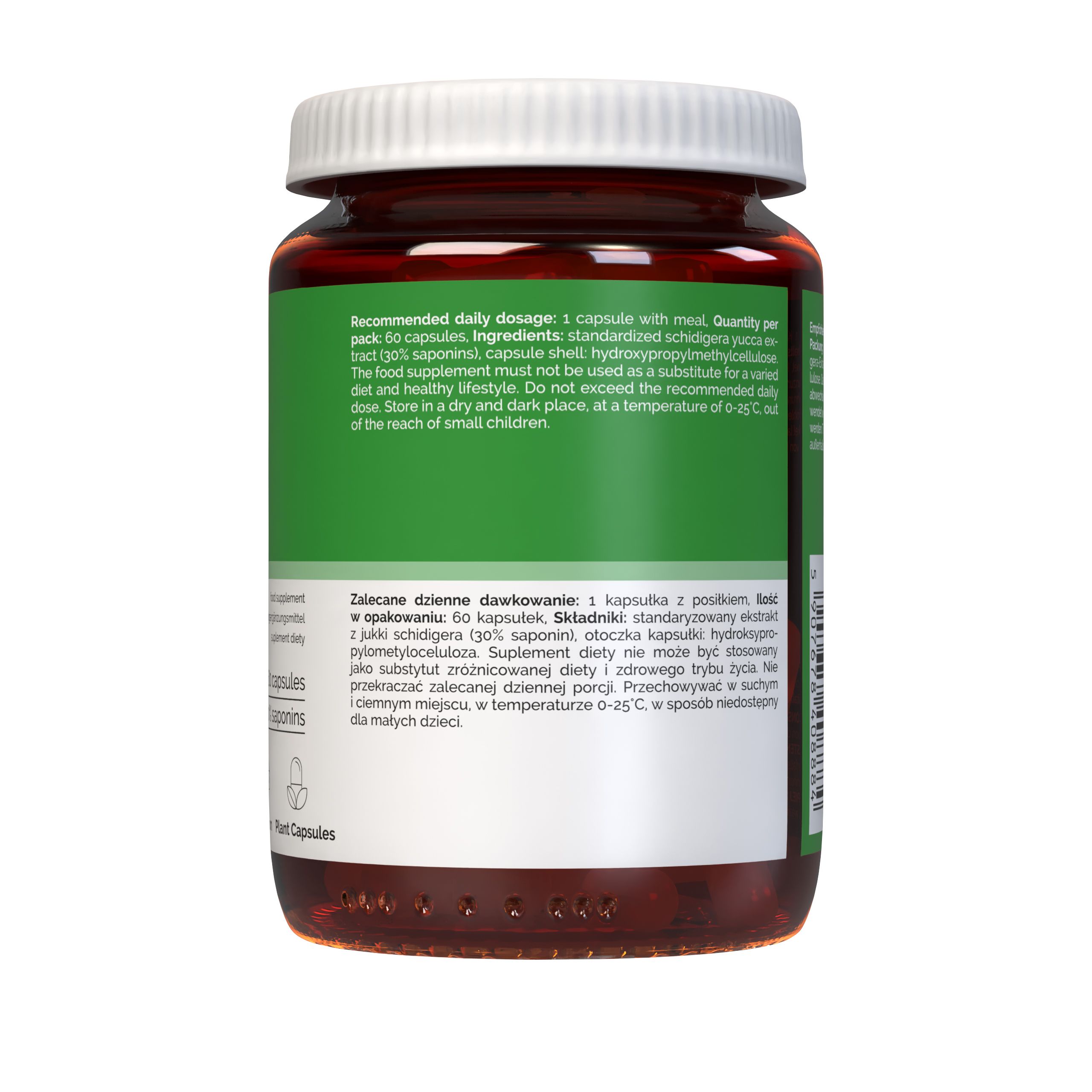 Rückseite des Vitaler's Yucca 500 mg Behälters mit Dosierungsanleitung.
