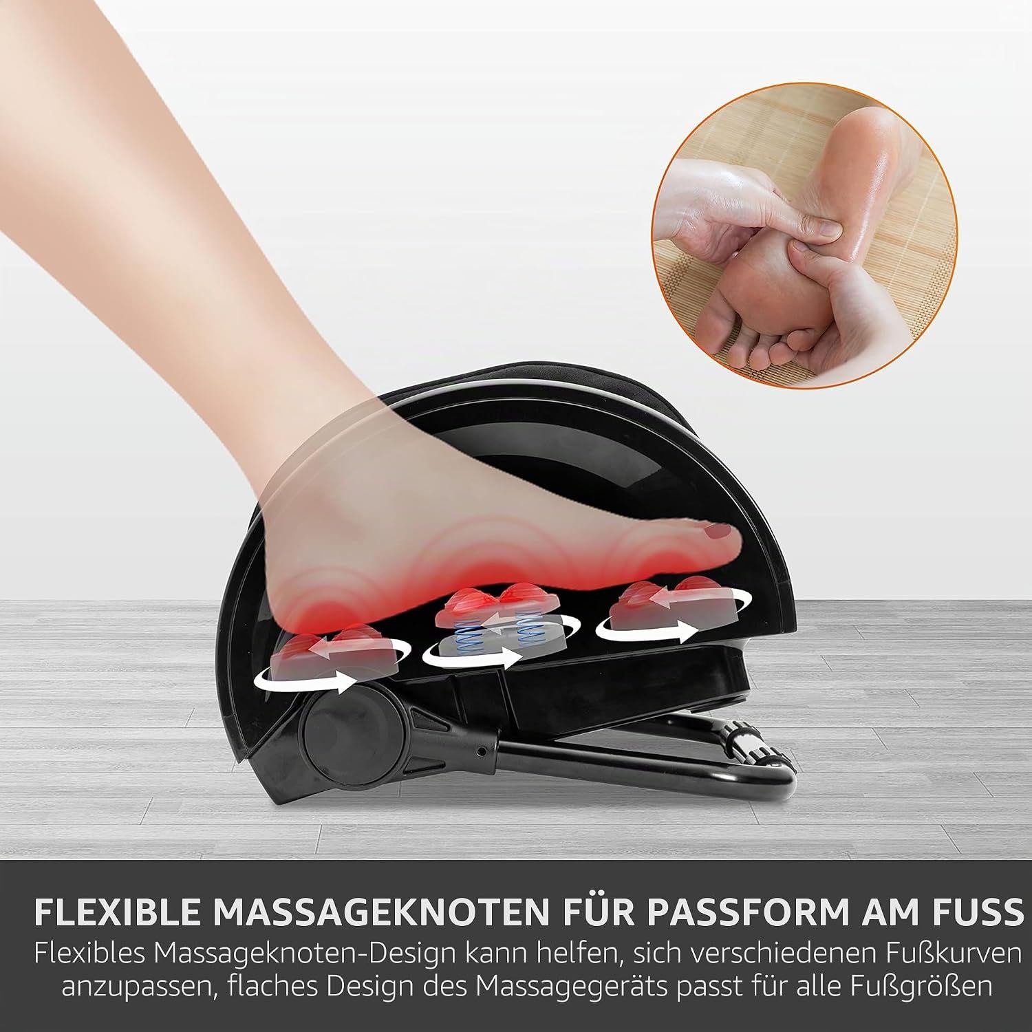 Fußmassagegerät mit flexiblen Massageknoten, angepasst an die Fußkurve.