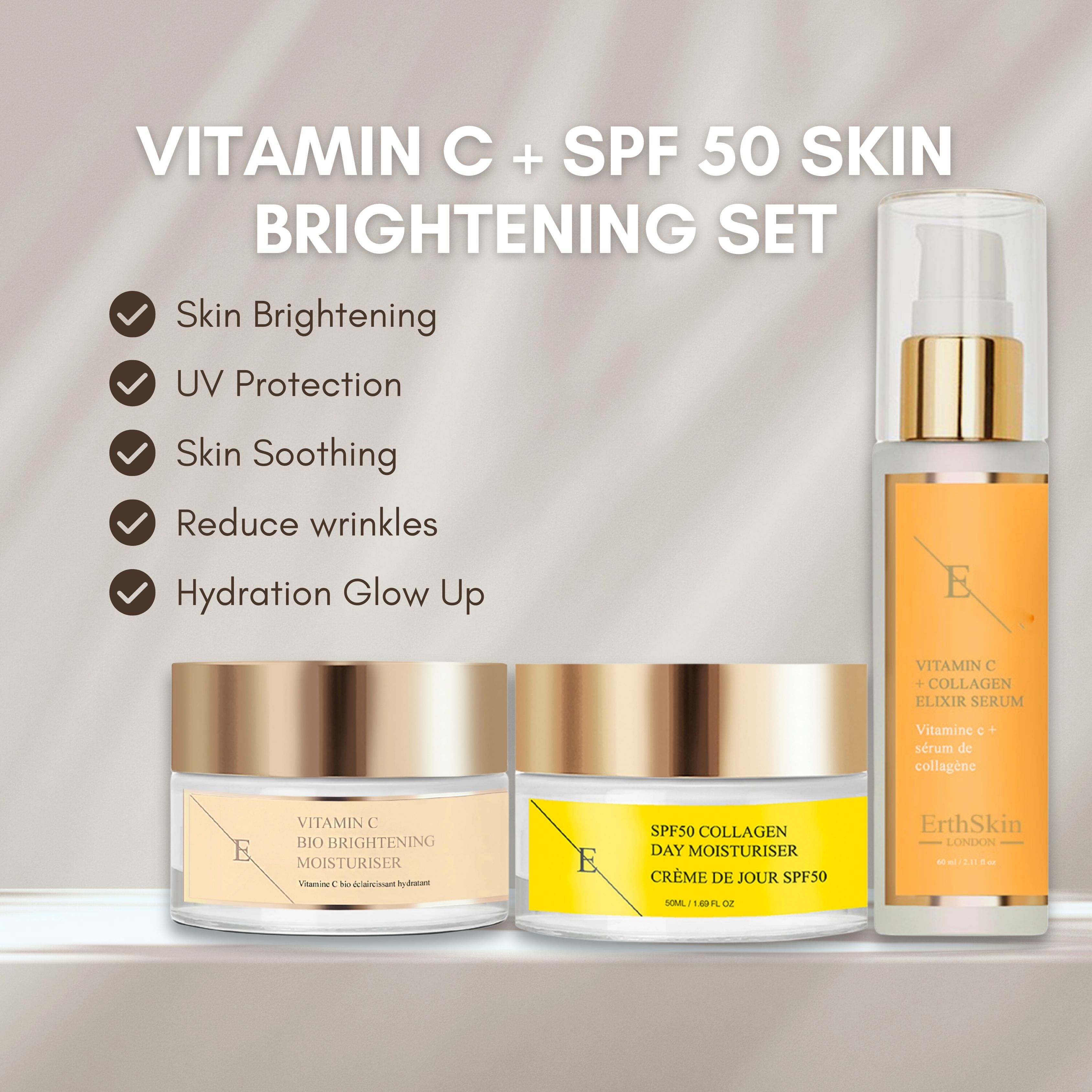 Hautaufhellungs-Set mit Serum, Tagescreme und Feuchtigkeitspflege. Gelbe Etiketten, goldfarbene Deckel. Text: 'Vitamin C + SPF 50'.
