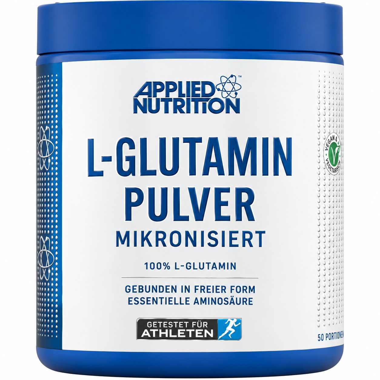 Applied Nutrition L-Glutamin Pulver Mikronisiert in blauer Dose, 50 Portionen.