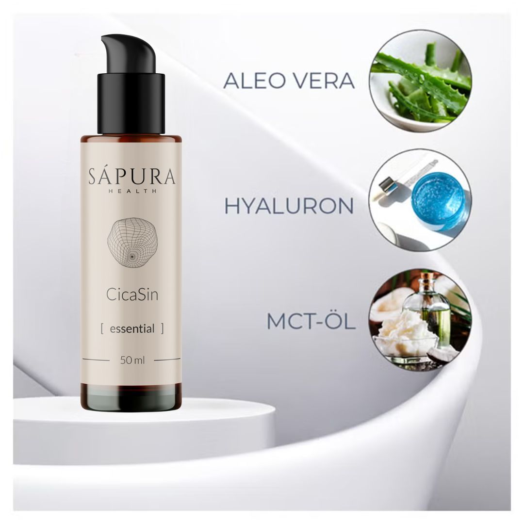 Produktflasche neben Aloe Vera, Hyaluron und MCT-Öl. Aufschrift: Sápura Health, CicaSin [essential], 50 ml.