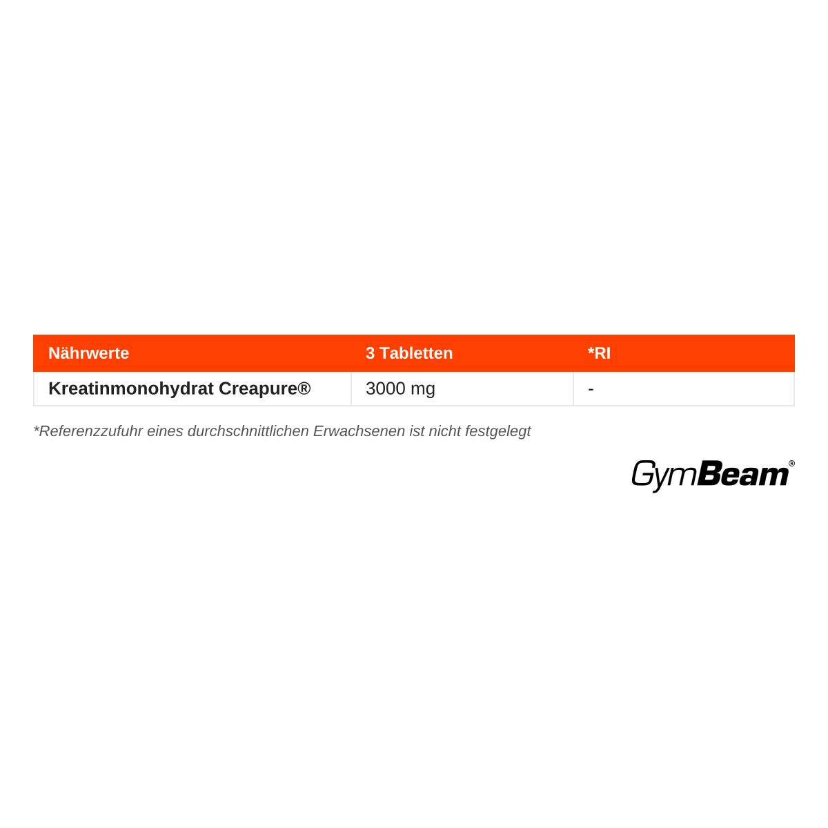Nährwertangaben für GymBeam Creatine TABS: Kreatinmonohydrat Creapure® 3000 mg pro 3 Tabletten.