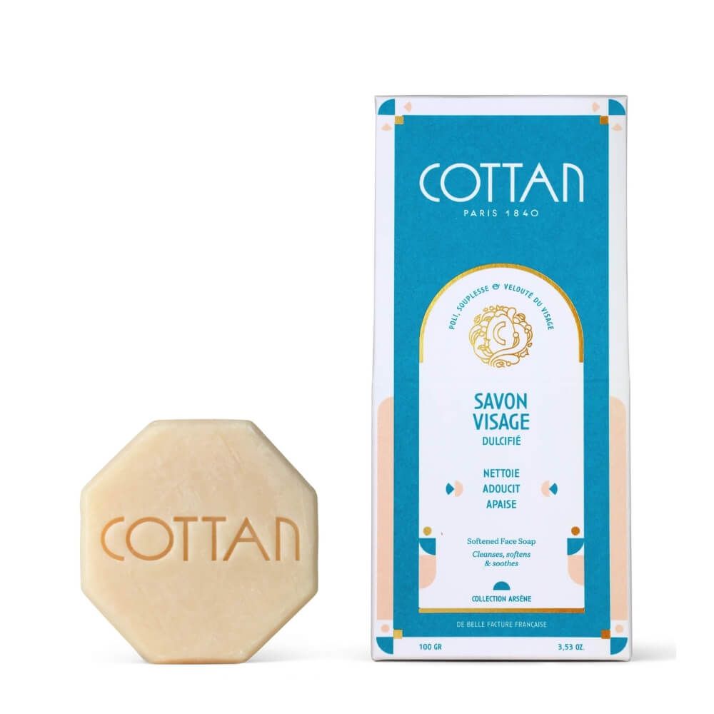 Achteckige Seife mit COTTAN-Schriftzug, neben Verpackung mit Text 'SAVON VISAGE DULCIFIÉ'.