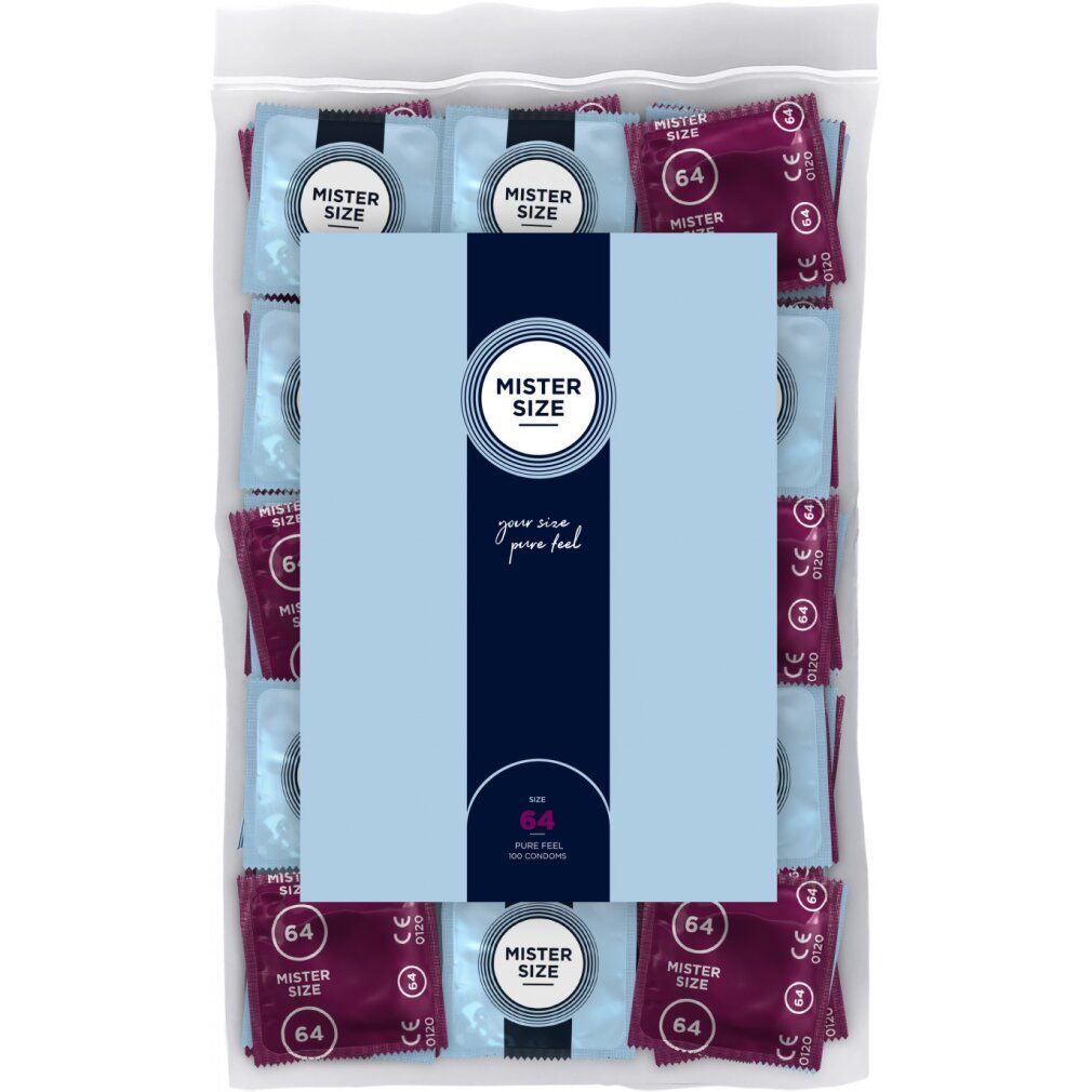 Beutel mit Kondomen. Einzelverpackungen in Blau und Lila. Aufdruck: Mister Size, 64.