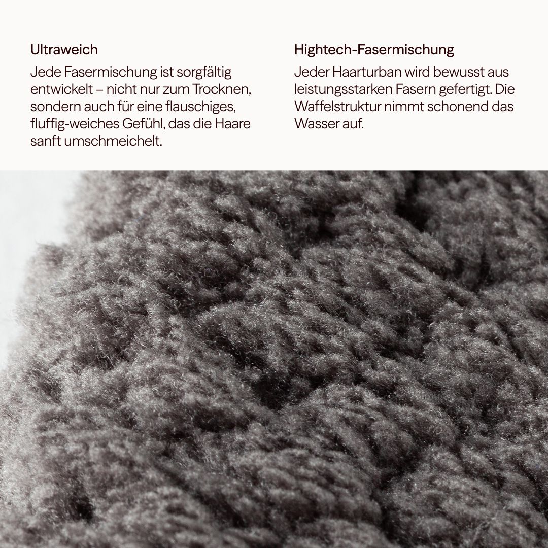 Nahaufnahme eines grauen Mikrofaser-Haarturbans mit Waffelstruktur. Text beschreibt ultraweiches Material und High-Tech-Fasermischung.