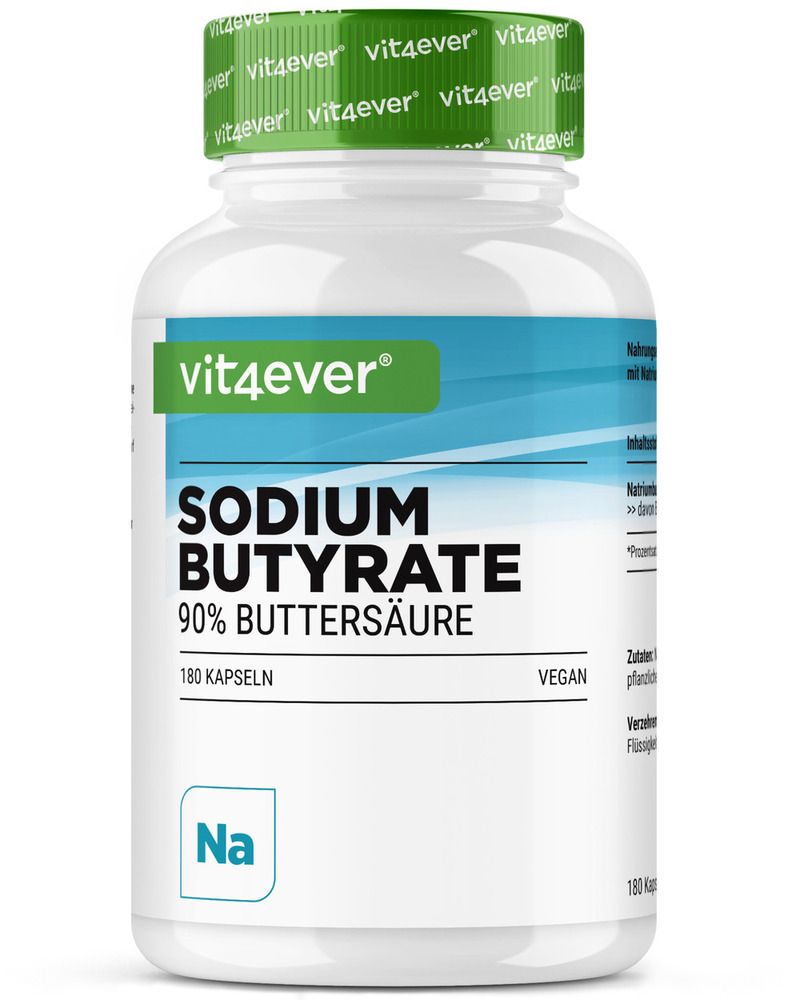 Weiße Flasche mit grünem Deckel. Aufschrift: Sodium Butyrate 90% Buttersäure, 180 Kapseln, vegan. Marke: vit4ever.